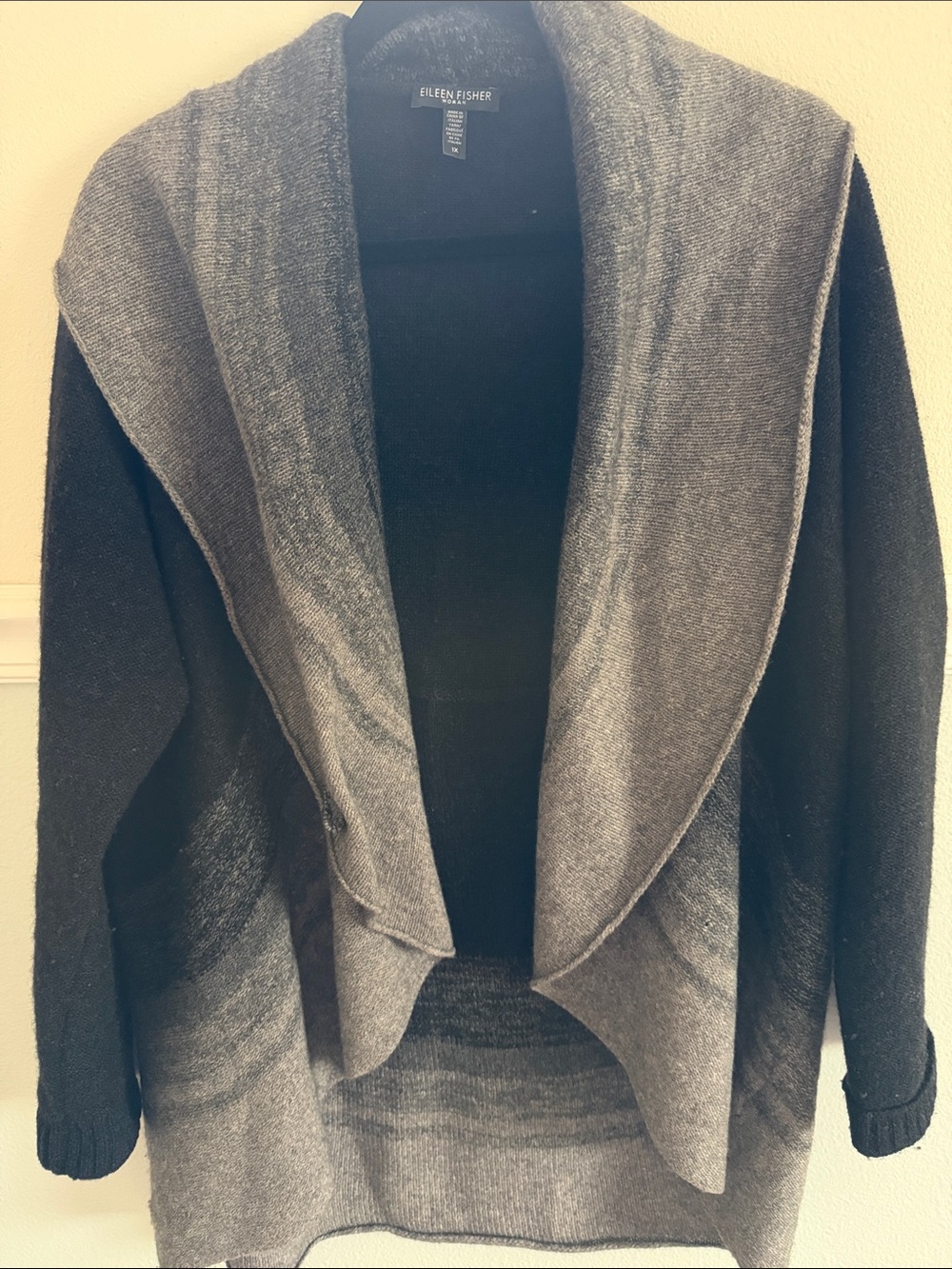 Eileen Fisher Black and Gray Open-Front Draped Cardigan